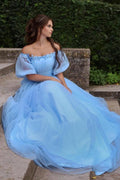 Vestido Largo de Gala Azul Princesa con Hombros Descubiertos, Línea A de Tul con Flores PSK269
