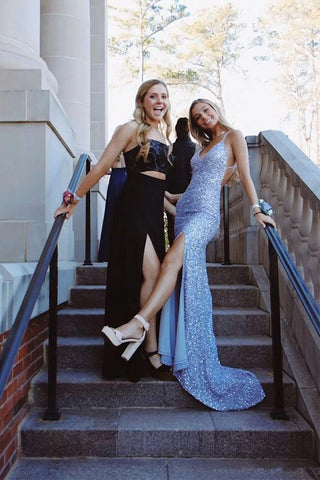 Sequined V Neck Sleeveless Shiny Blue Prom Dress Formal Dress PSK340