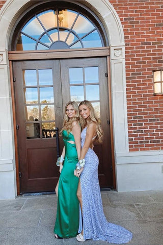 Sequined V Neck Sleeveless Shiny Blue Prom Dress Formal Dress PSK340