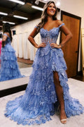 Abito da Ballo Lungo con Spalle Scoperte, Balze e Appliques in Tulle Blu PSK478