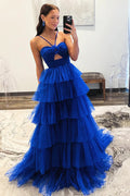 Blaues Tüll-Lagen-Langkleid, Prinzessin-Abschlussballkleid, PSK548