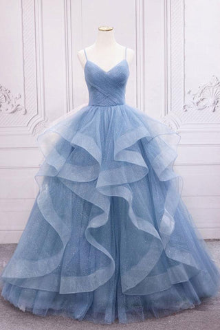 Langes Ballkleid aus blauem Tüll mit Pailletten, blaues Abendkleid aus blauem Tüll, PSK317