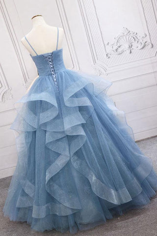 Langes Ballkleid aus blauem Tüll mit Pailletten, blaues Abendkleid aus blauem Tüll, PSK317