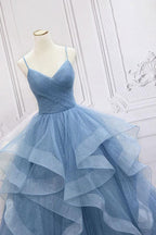 Tulle Sequin Blue  Long Prom Dress Blue Tulle Formal Dress PSK317