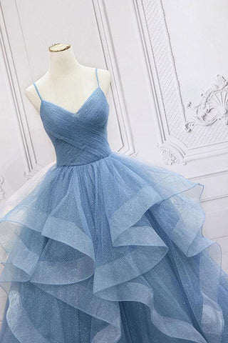 Langes Ballkleid aus blauem Tüll mit Pailletten, blaues Abendkleid aus blauem Tüll, PSK317