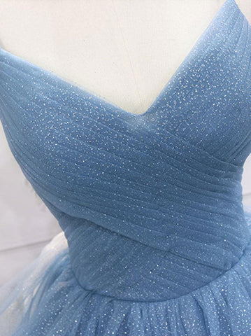 Langes Ballkleid aus blauem Tüll mit Pailletten, blaues Abendkleid aus blauem Tüll, PSK317