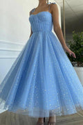 Vestido de fiesta de tul azul con lentejuelas, largo té, para baile de graduación y homecoming PD430