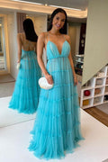 Abito da Ballo Lungo in Tulle Blu con Scollatura a V Abito Formale in Tulle Blu PSK337