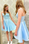 Blaues Satin-Kurzballkleid mit Perlen, Blaues Homecoming-Kleid, PD450