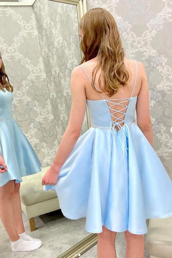 Vestido de baile curto com contas de cetim azul Vestido de baile azul PD450
