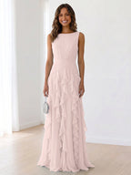 Sleeveless Tiered Chiffon Maxi Evening Gown with Ruched Bodice