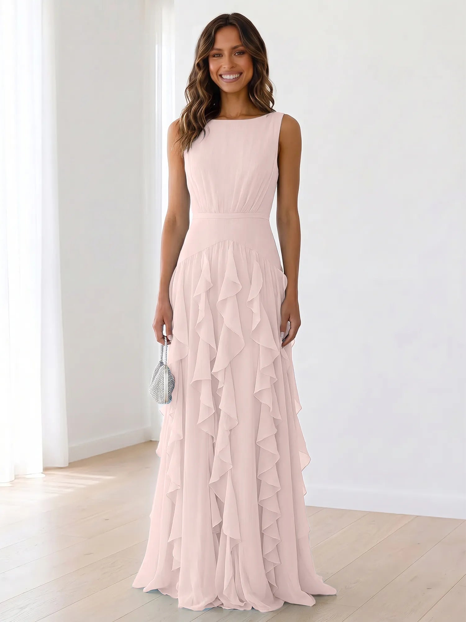Sleeveless Tiered Chiffon Maxi Evening Gown with Ruched Bodice