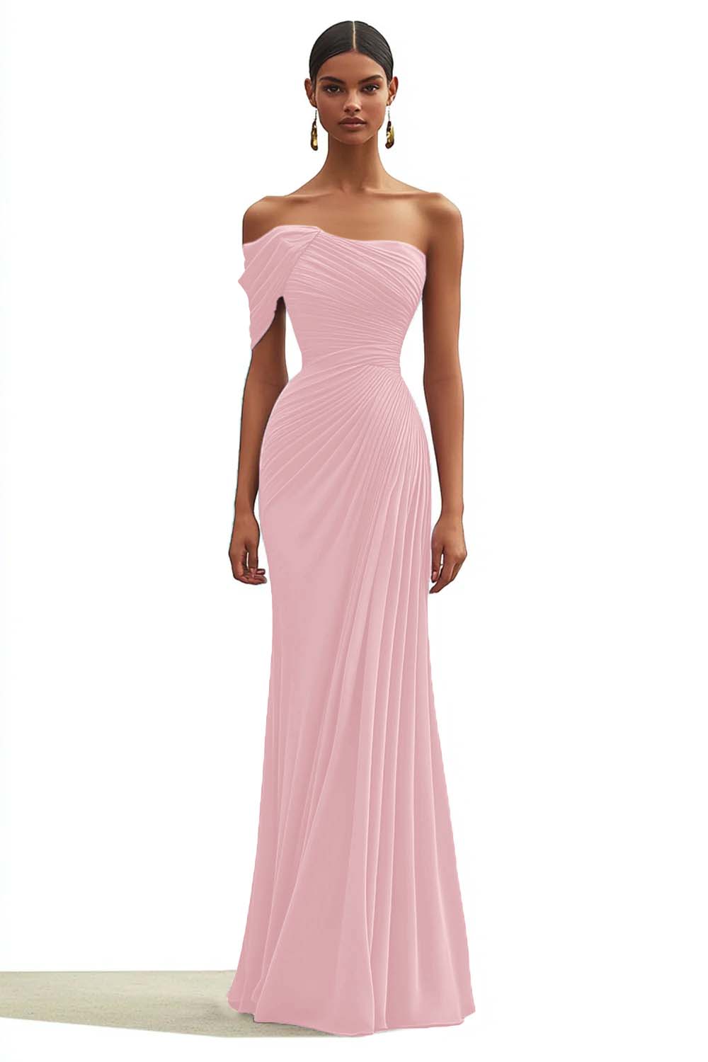 Vestido longo formal sereia verde escuro com um só ombro e pregas