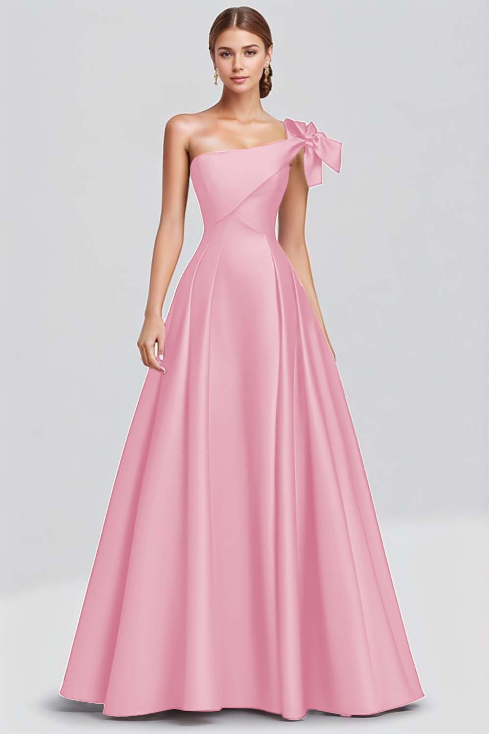 Vestido Largo Formal de Satin en Línea A con Lazo en un Hombro Color Fuchsia