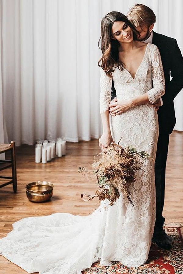 Boho-Spitze V-Ausschnitt Meerjungfrau Brautkleider mit Hofzug