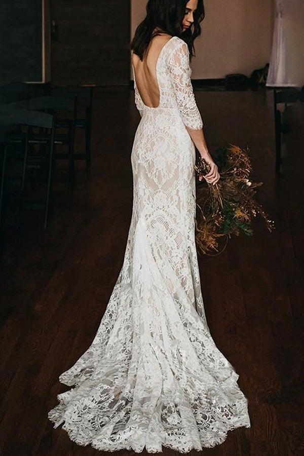 Boho-Spitze V-Ausschnitt Meerjungfrau Brautkleider mit Hofzug