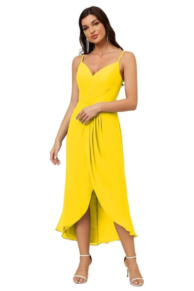 Numbersea Spaghetti-Träger Chiffon V-Ausschnitt Brautjungfernkleid Mittellanger Schlitz Formelles Abschlussballkleid Homecoming-Kleid 2803