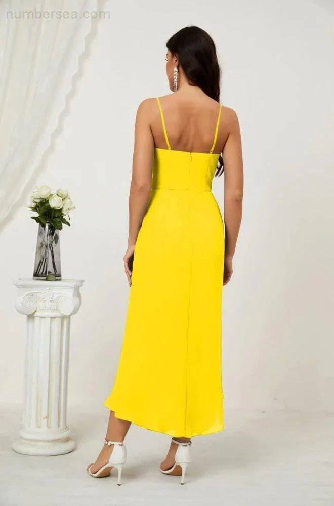 Vestido de Dama de Honor de Chifón Spaghetti con Escote en V y Abertura al Frente de Longitud Media para Fiesta Formal, Baile de Graduación y Regreso a Casa 2803