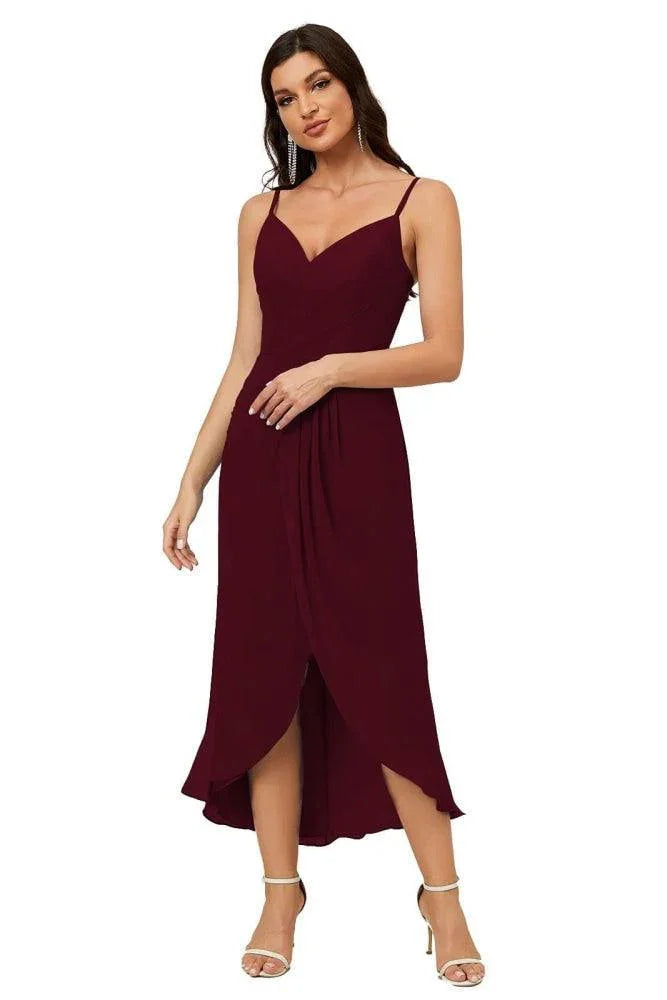 Numbersea Spaghetti-Träger Chiffon V-Ausschnitt Brautjungfernkleid Mittellanger Schlitz Formelles Abschlussballkleid Homecoming-Kleid 2803