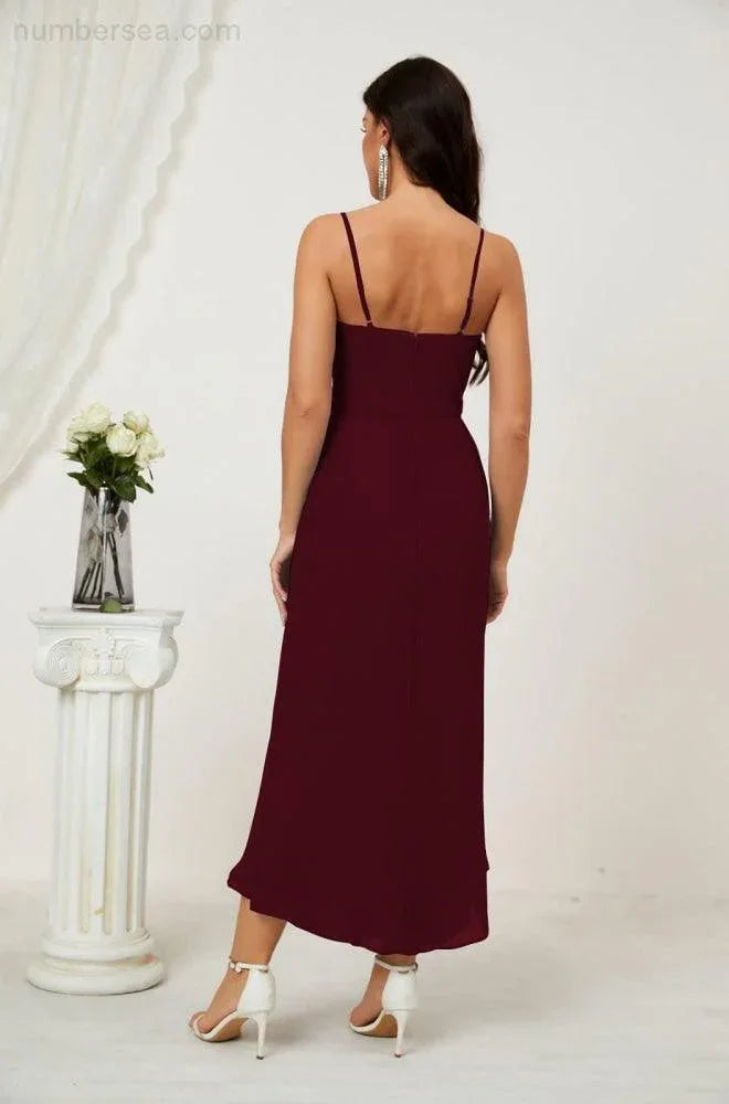 Vestido de Dama de Honor de Chifón Spaghetti con Escote en V y Abertura al Frente de Longitud Media para Fiesta Formal, Baile de Graduación y Regreso a Casa 2803