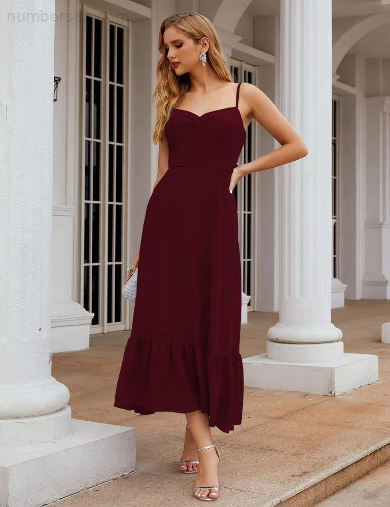 Numbersea Spaghetti-Träger Chiffon Brautjungfernkleid Knöchellänge Formell A-Linie Cocktail Party Homecoming-Kleid für Juniorinnen SEA28028