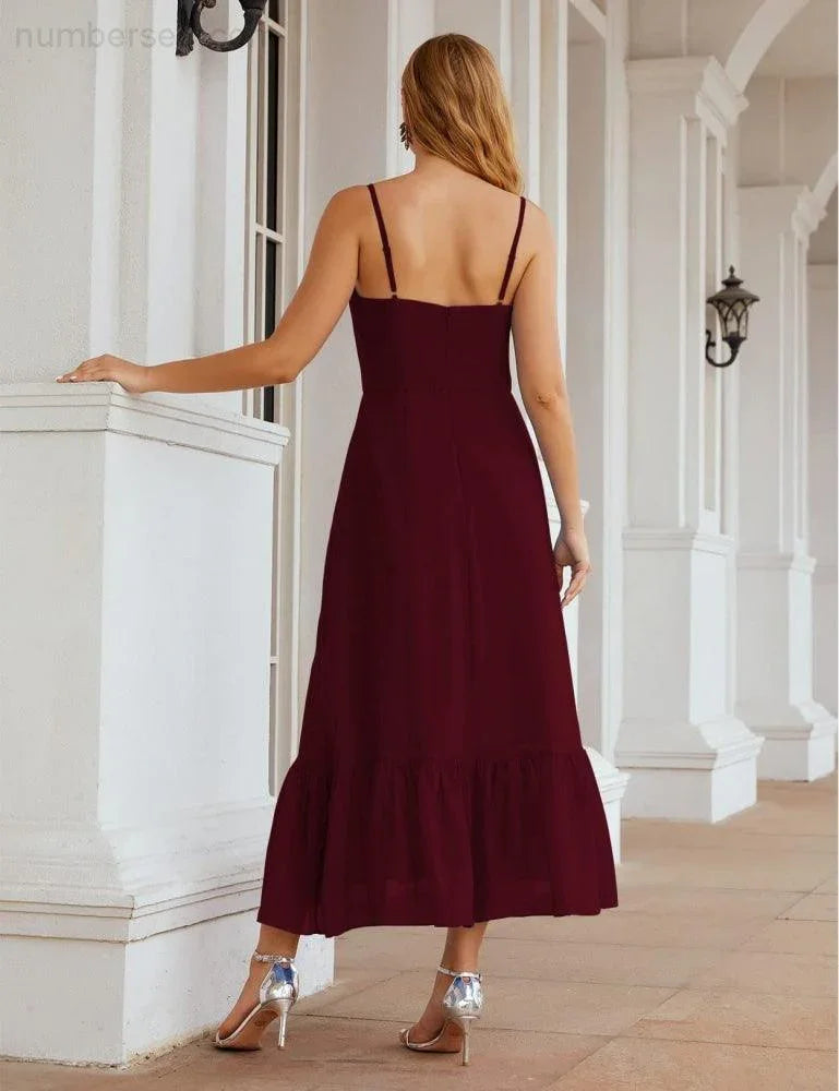 Numbersea Spaghetti-Träger Chiffon Brautjungfernkleid Knöchellänge Formell A-Linie Cocktail Party Homecoming-Kleid für Juniorinnen SEA28028