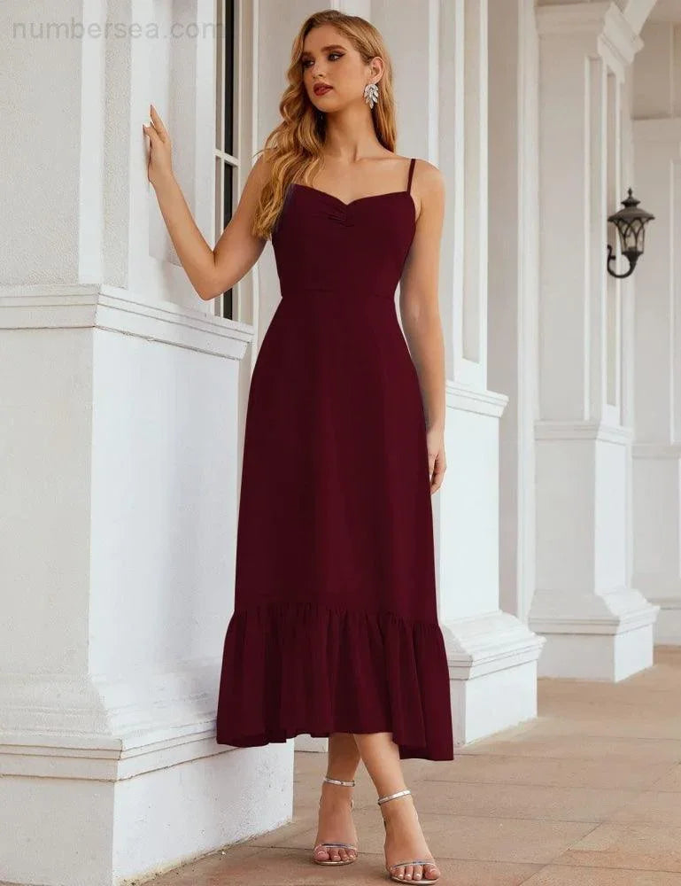 Numbersea Spaghetti-Träger Chiffon Brautjungfernkleid Knöchellänge Formell A-Linie Cocktail Party Homecoming-Kleid für Juniorinnen SEA28028
