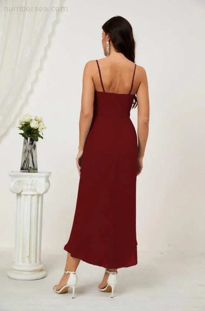 Vestido de Dama de Honor de Chifón Spaghetti con Escote en V y Abertura al Frente de Longitud Media para Fiesta Formal, Baile de Graduación y Regreso a Casa 2803