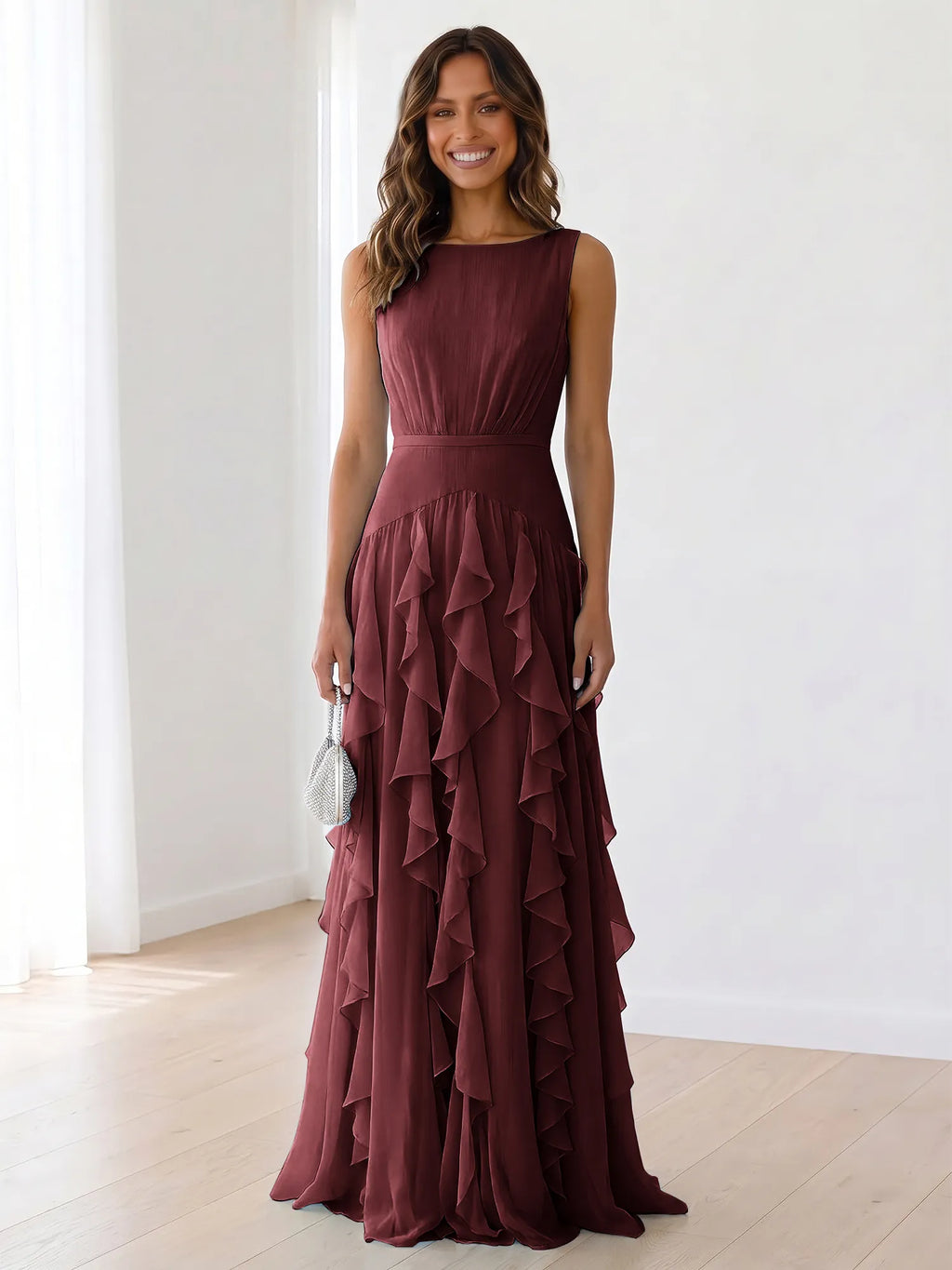 Sleeveless Tiered Chiffon Maxi Evening Gown with Ruched Bodice