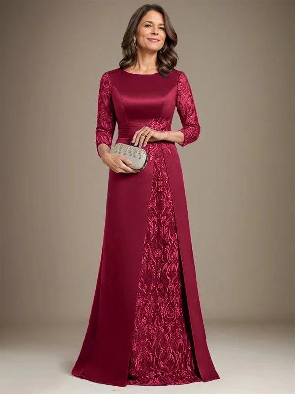 A-Line Scoop Floor-Length Lace Satin Mother Of the Bride Dress With Applique by Dreamylily