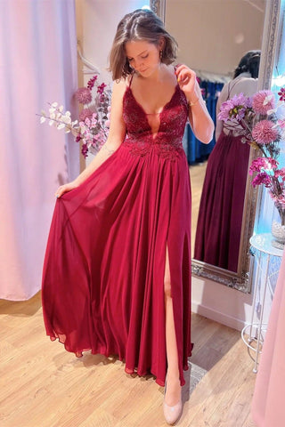 Plunging V Neck Appliques Burgundy Long Prom Dress with Slit PSK414