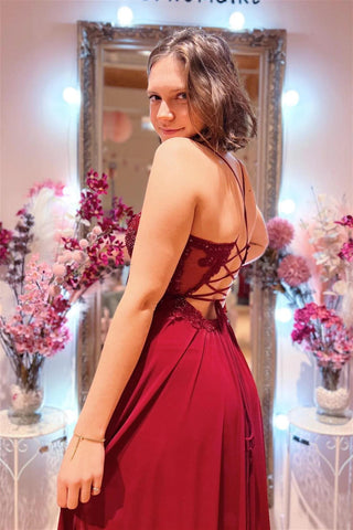 Plunging V Neck Appliques Burgundy Long Prom Dress with Slit PSK414