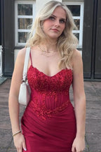 Burgundy Spaghetti Straps V-Neck Pleats Mermaid Prom Dress PSK719