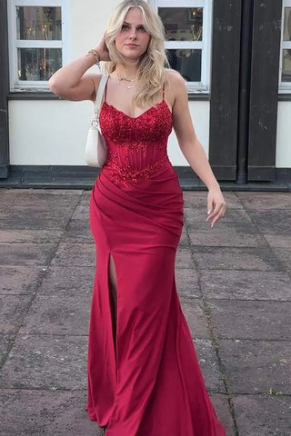 Burgundy Spaghetti Straps V-Neck Pleats Mermaid Prom Dress PSK719