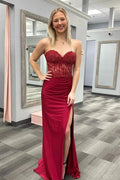 Abito da Sera Senza Spalline Color Borgogna con Appliques a Sirena PSK467