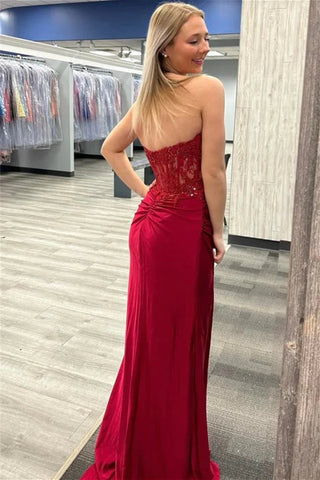 Strapless Mermaid Appliques Strapless Burgundy Prom Dress PSK467
