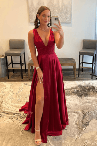 Burgunderrotes langes Ballkleid aus Satin mit V-Ausschnitt und hohem Schlitz PSK328