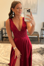 V Neck Satin Burgundy Long Prom Dress with High Slit PSK328
