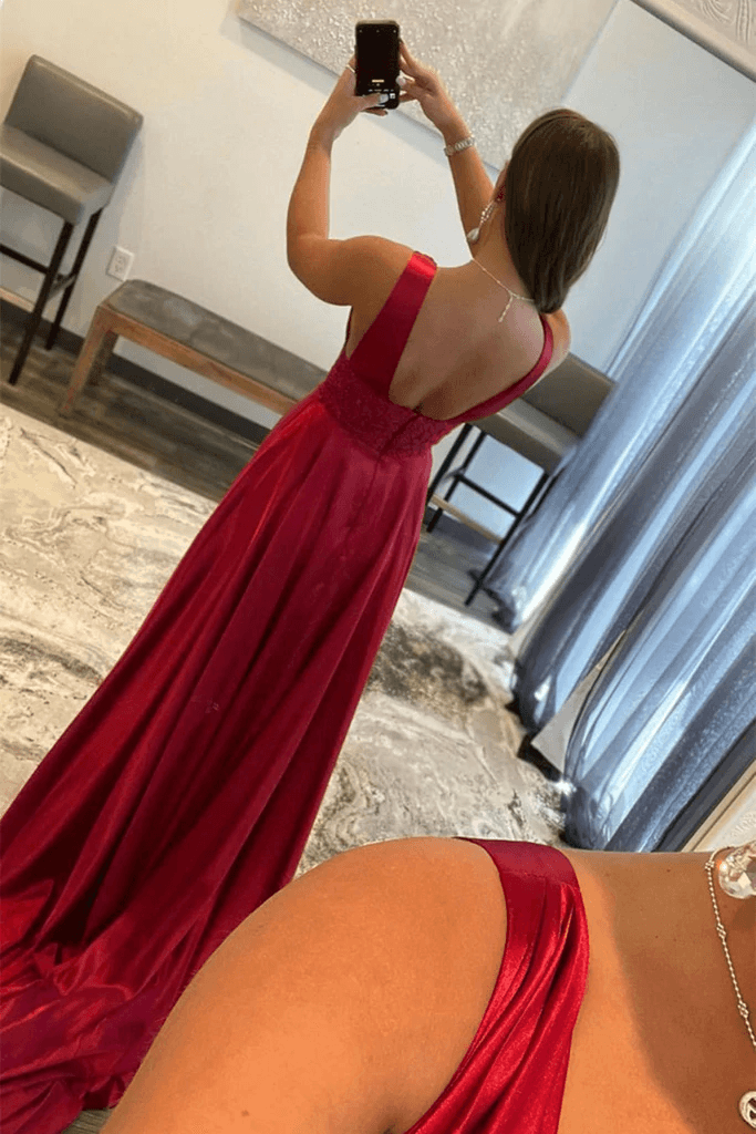 V Neck Satin Burgundy Long Prom Dress with High Slit PSK328