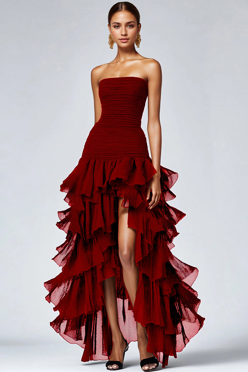 A Line Black Square Neck Tiered Formal Dress with Slit