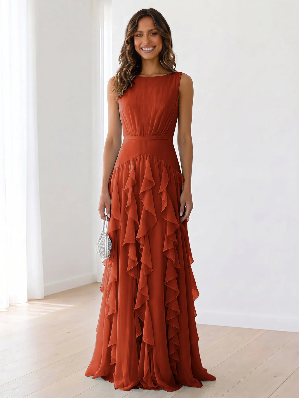 Sleeveless Tiered Chiffon Maxi Evening Gown with Ruched Bodice