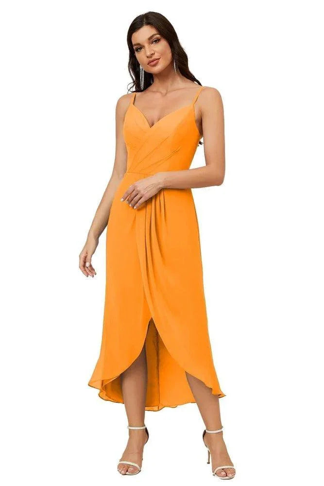 Numbersea Spaghetti-Träger Chiffon V-Ausschnitt Brautjungfernkleid Mittellanger Schlitz Formelles Abschlussballkleid Homecoming-Kleid 2803