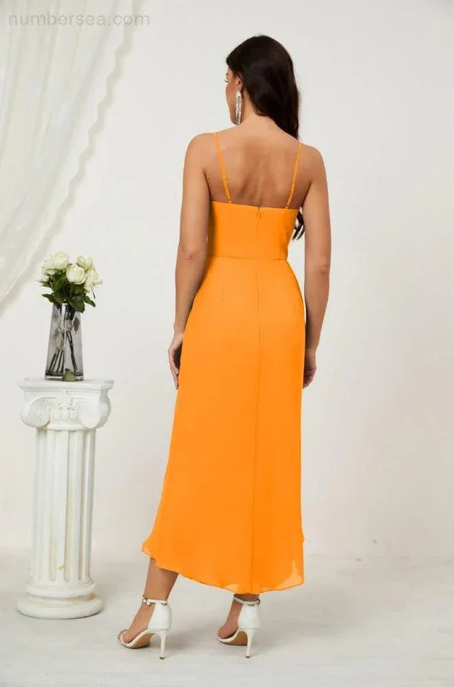 Vestido de Dama de Honor de Chifón Spaghetti con Escote en V y Abertura al Frente de Longitud Media para Fiesta Formal, Baile de Graduación y Regreso a Casa 2803