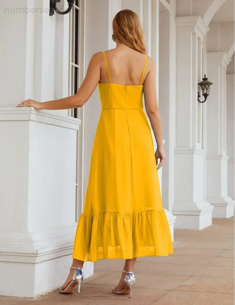 Numbersea Spaghetti-Träger Chiffon Brautjungfernkleid Knöchellänge Formell A-Linie Cocktail Party Homecoming-Kleid für Juniorinnen SEA28028