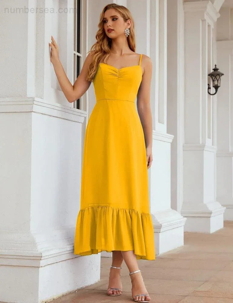 Numbersea Spaghetti-Träger Chiffon Brautjungfernkleid Knöchellänge Formell A-Linie Cocktail Party Homecoming-Kleid für Juniorinnen SEA28028
