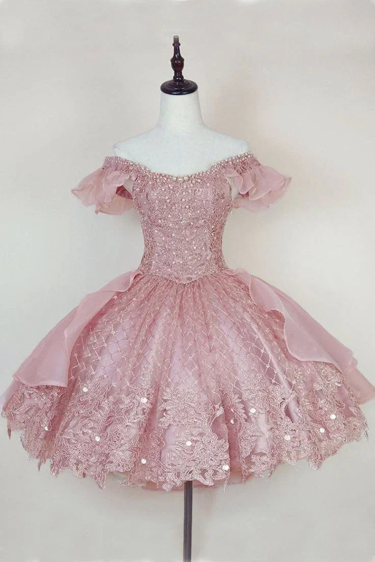 Vestido Curto de Baile de Finalistas com Aplicações de Renda Cor-de-Rosa Princesa Y2502