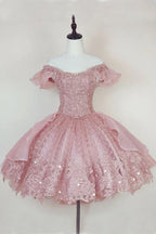 Vestido Curto de Baile de Finalistas com Aplicações de Renda Cor-de-Rosa Princesa Y2502