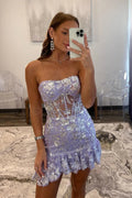 Trägerlos Lila Pailletten Enges Minikleid mit Rüschen Y2729
