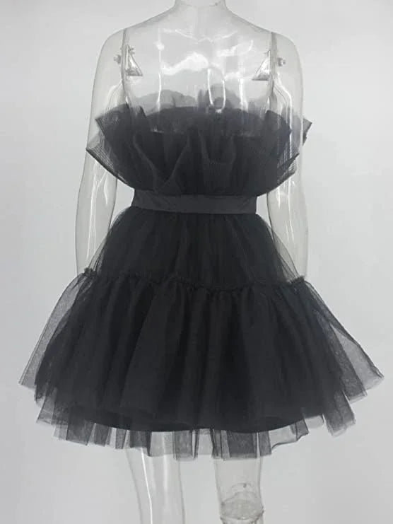 Vestido de tul princesa mini para mujer con volantes de malla para fiesta, baile de graduación, boda, tutú hada, negro, vestido de homecoming Y512