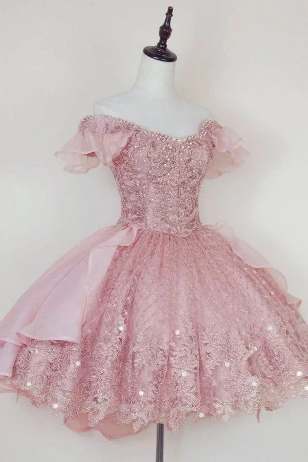 Vestido Curto de Baile de Finalistas com Aplicações de Renda Cor-de-Rosa Princesa Y2502